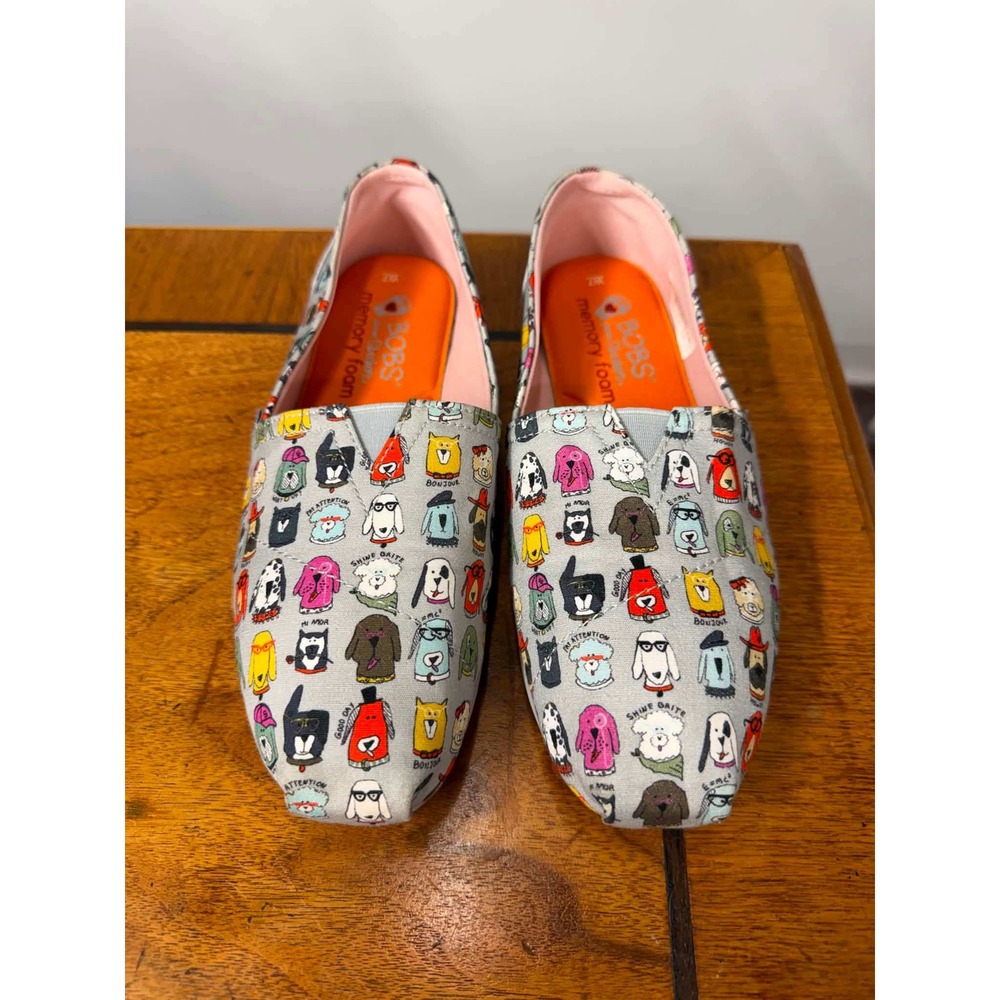 Skechers BOBS for Dogs Women's 7 Grey Canvas Cartoon Dog Print Memory Foam Flats
